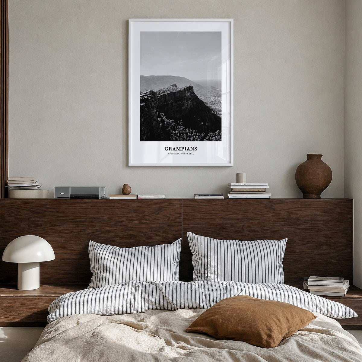 Grampians National Park black & white classic poster of Australia – vertical wall art in white wood frame, hanging on wall