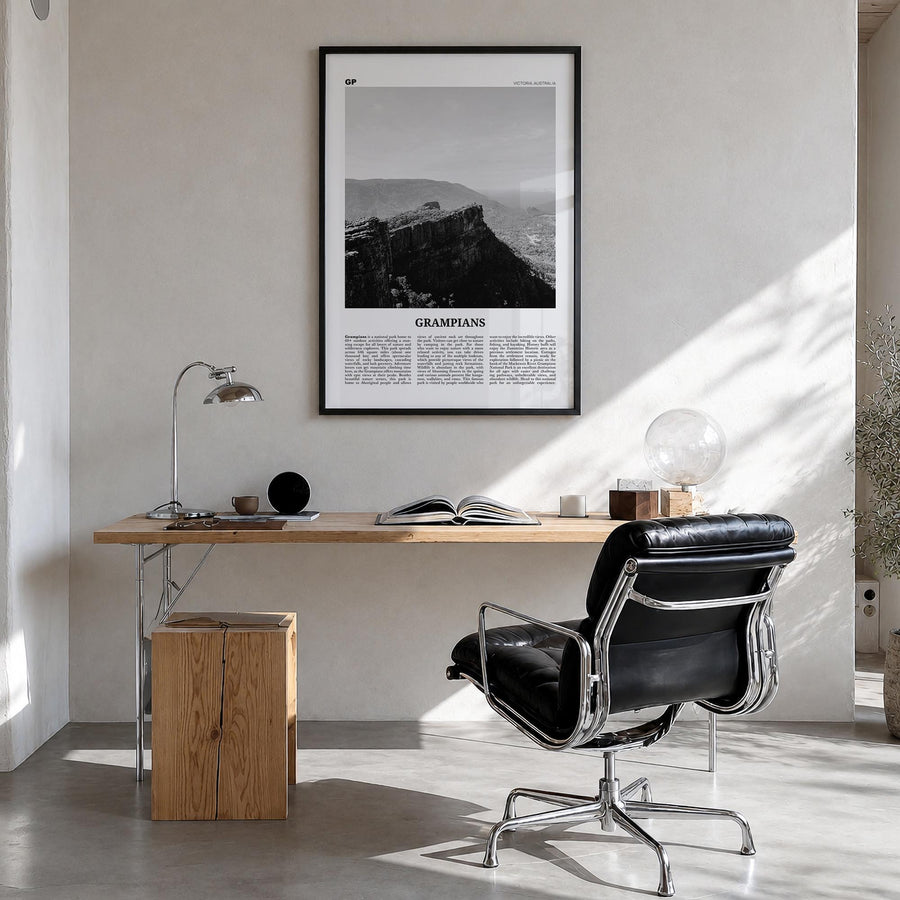 Grampians National Park black & white newspaper poster of Australia – vertical wall art in black wood frame, hanging on wall