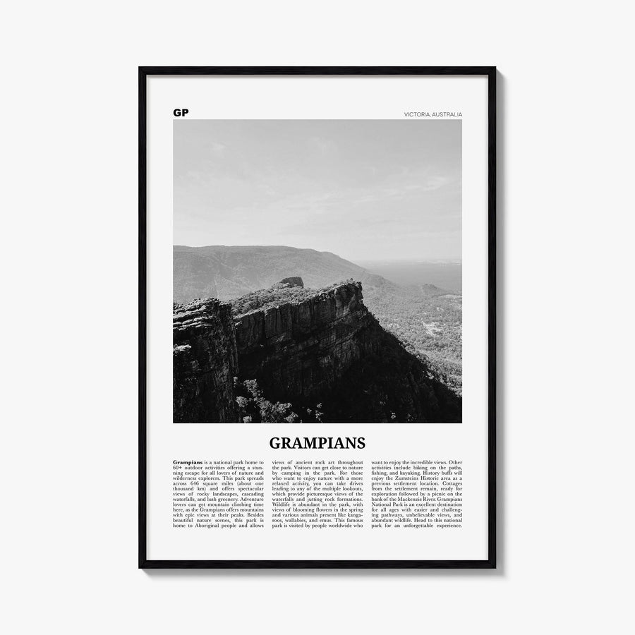 Grampians National Park black & white newspaper poster of Australia – vertical wall art, unframed print shown in interior moc