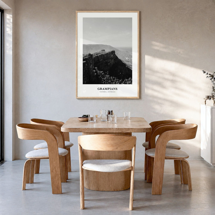 Grampians National Park Classic Poster in a natural wood frame, hanging in a dining room