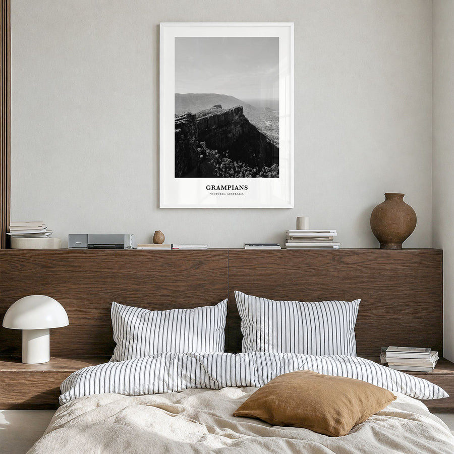Grampians National Park Classic Poster in a white wood frame, hanging in a bedroom