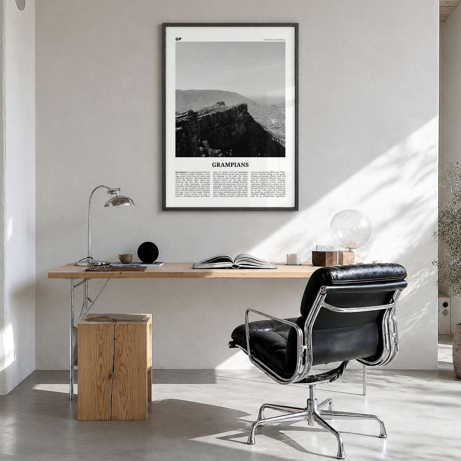 Grampians National Park Newspaper Poster in a black wood frame, hanging in a bright home office