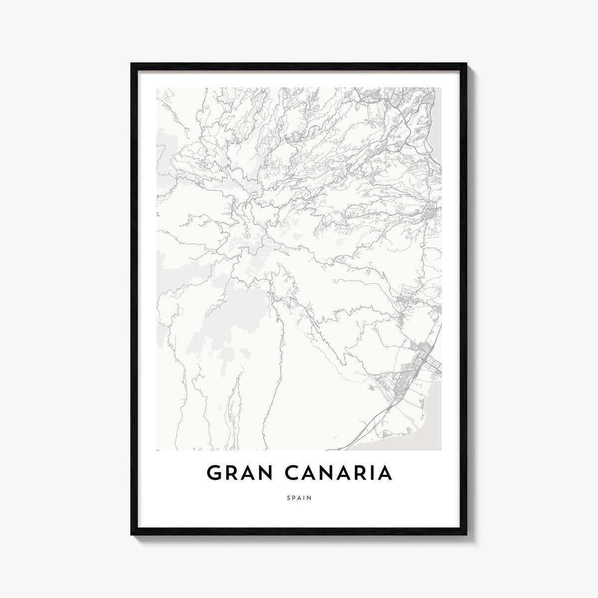 Gran Canaria black & white map poster of Spain – vertical wall art, unframed print shown in interior mockup
