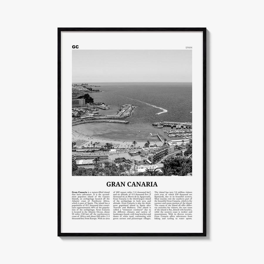 Gran Canaria black & white newspaper poster of Spain – vertical wall art, unframed print shown in interior mockup