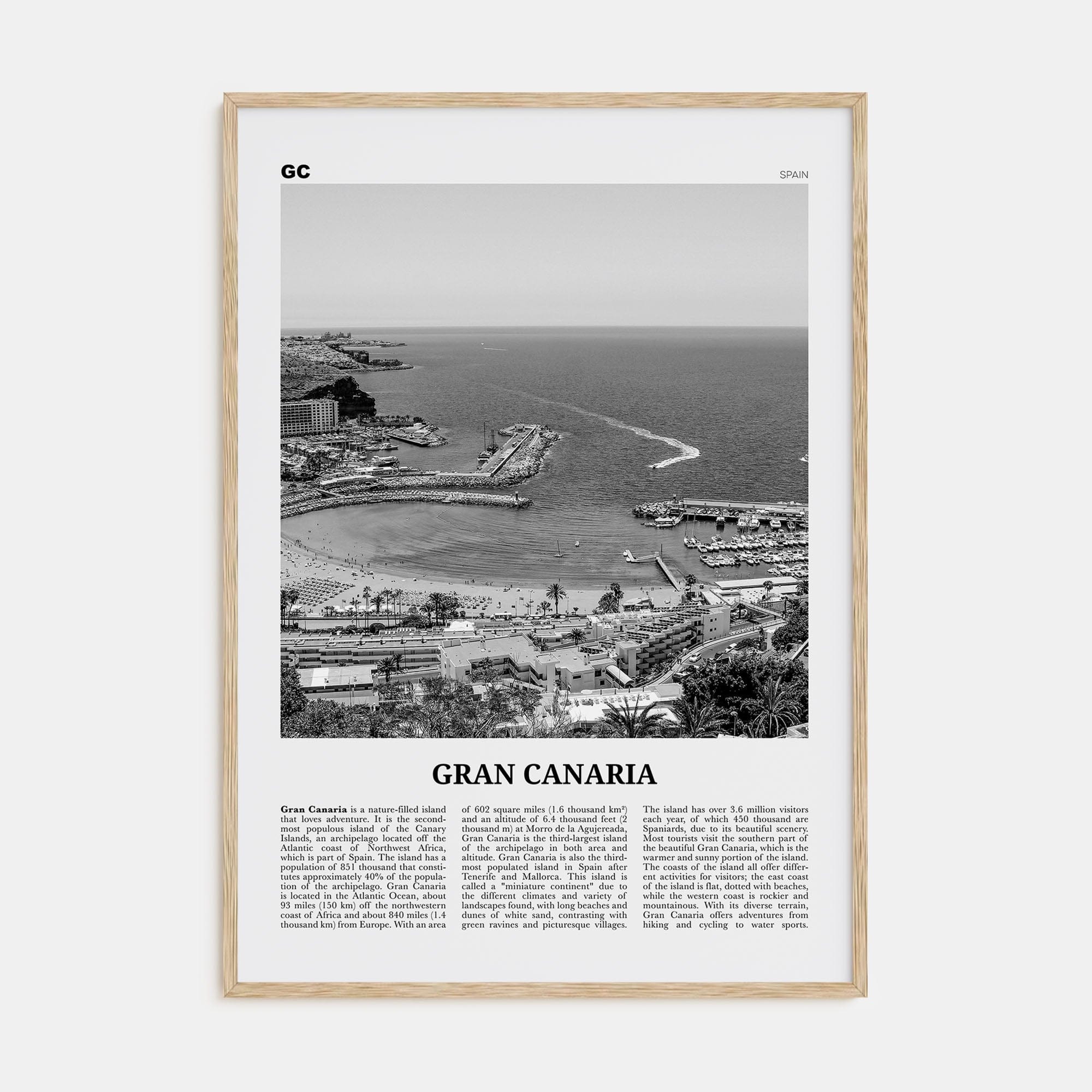 Gran Canaria Poster Natural Wood / 8x12 in Nbourhood Travel B&W Poster