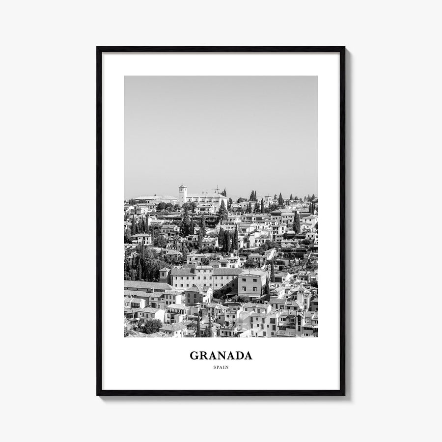 Granada black & white classic poster of Spain – vertical wall art, unframed print shown in interior mockup