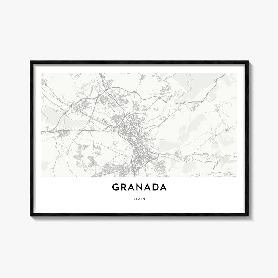 Granada black & white map poster of Spain – horizontal wall art, unframed print shown in interior mockup