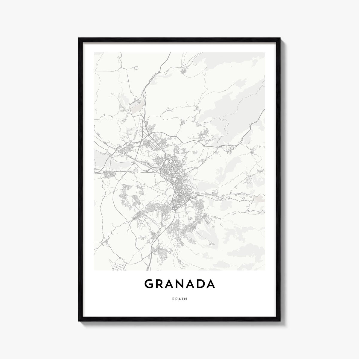 Granada black & white map poster of Spain – vertical wall art, unframed print shown in interior mockup