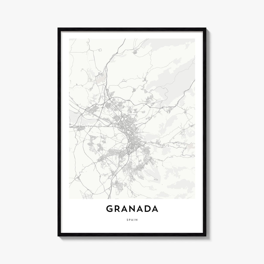 Granada black & white map poster of Spain – vertical wall art, unframed print shown in interior mockup