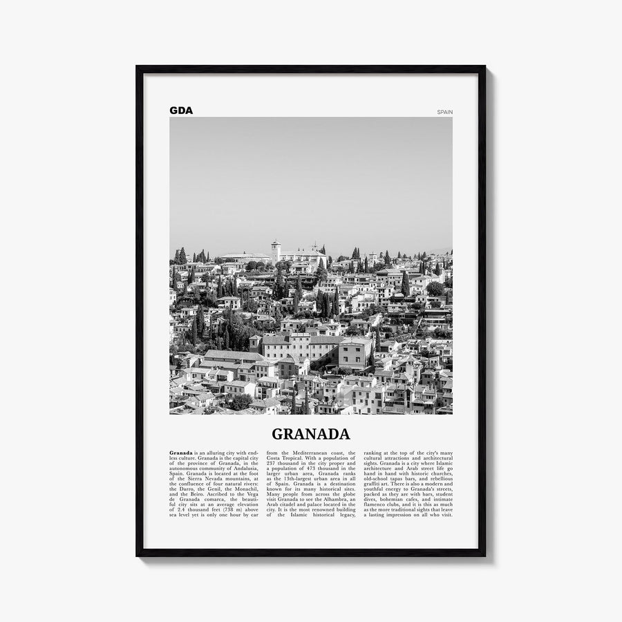 Granada no. 1 black & white newspaper poster of Spain – vertical wall art, unframed print shown in interior mockup