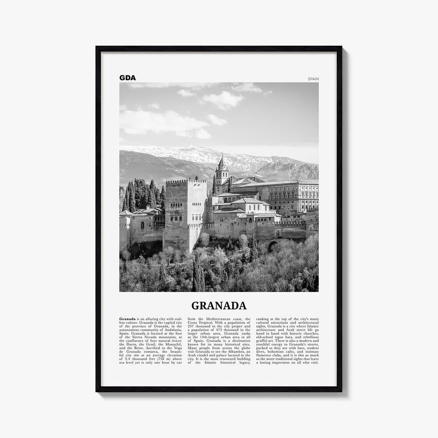 Granada no. 2 black & white newspaper poster of Spain – vertical wall art, unframed print shown in interior mockup