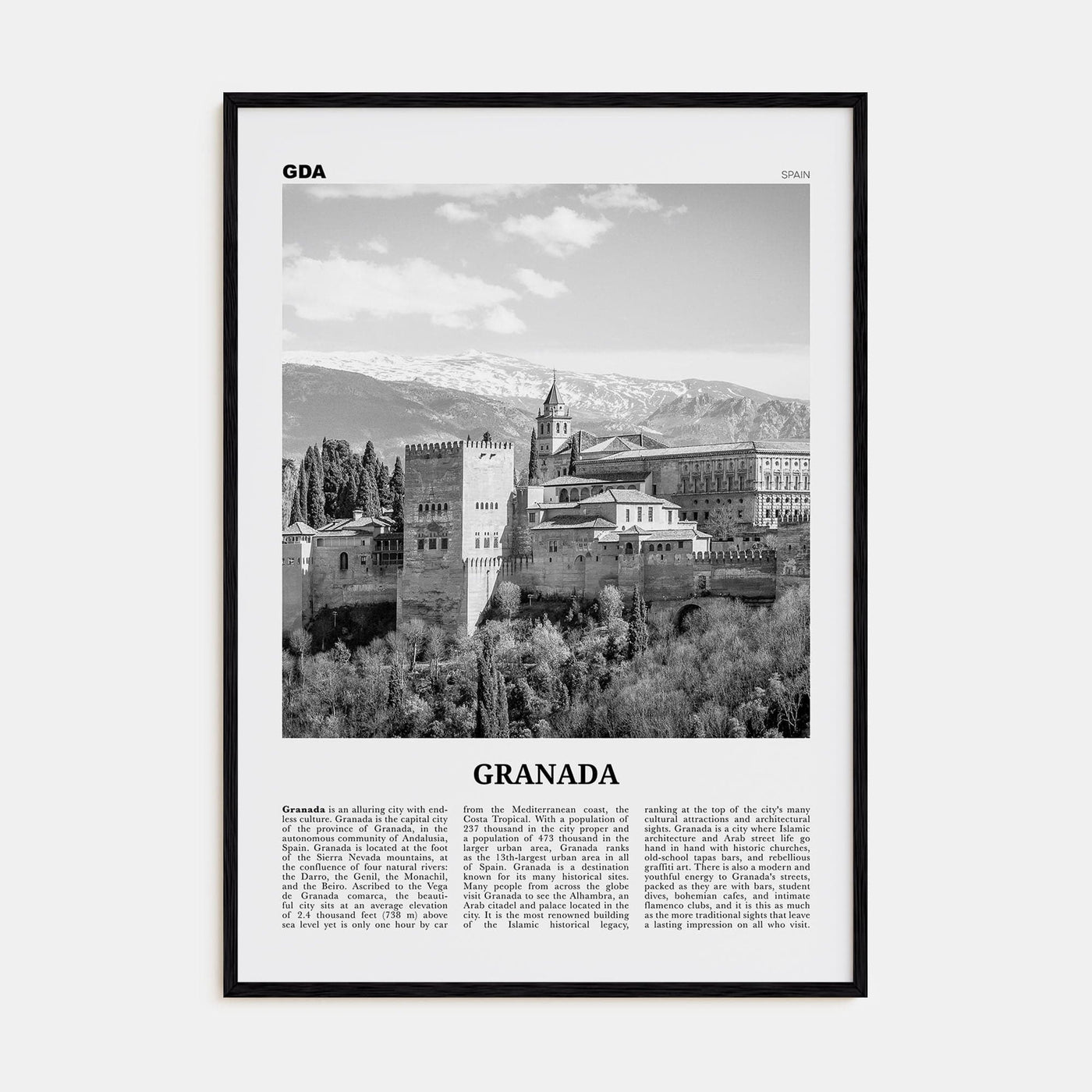 Granada No 2 Poster Black Wood / 8x12 in Nbourhood Travel B&W Poster