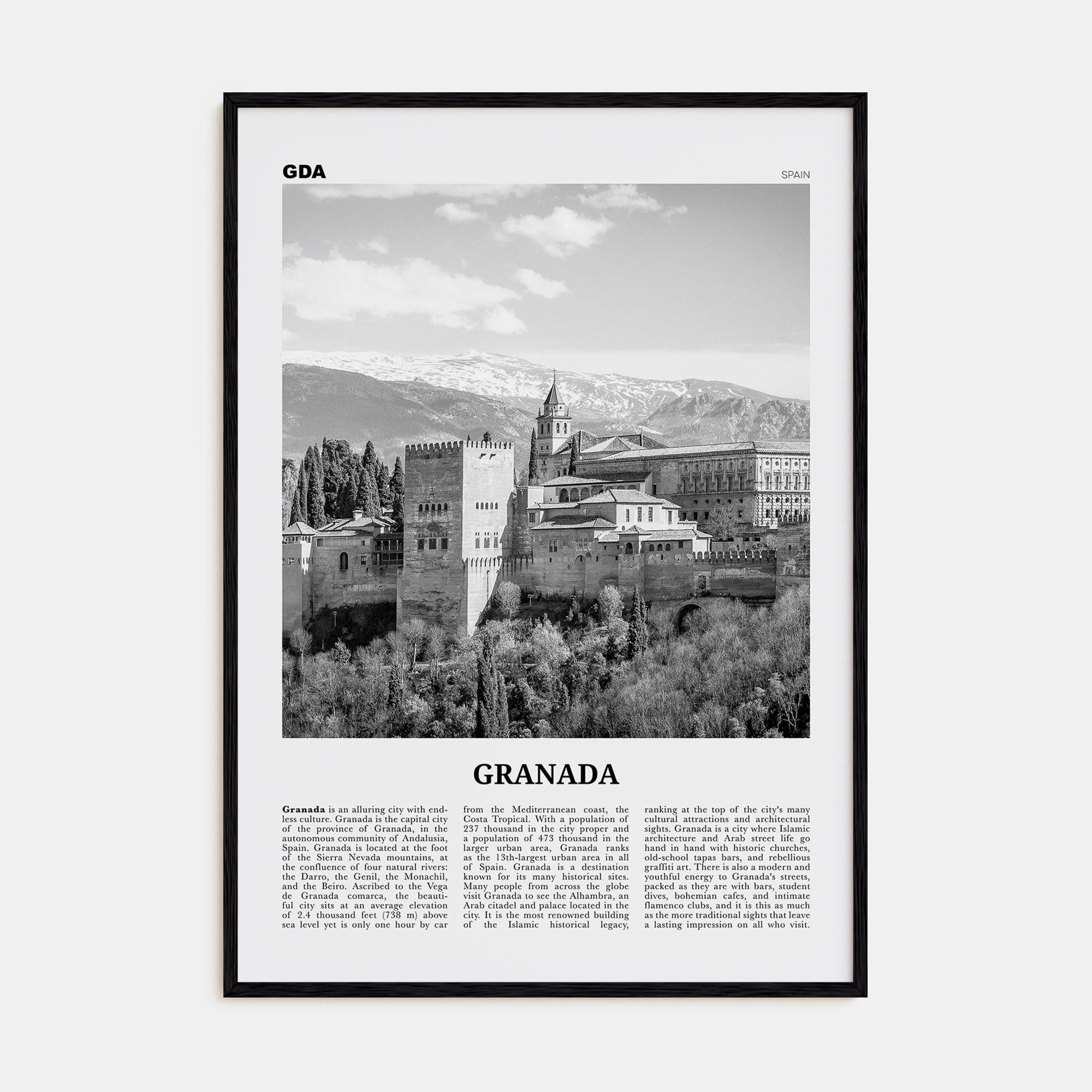 Granada No 2 Poster Black Wood / 8x12 in Nbourhood Travel B&W Poster