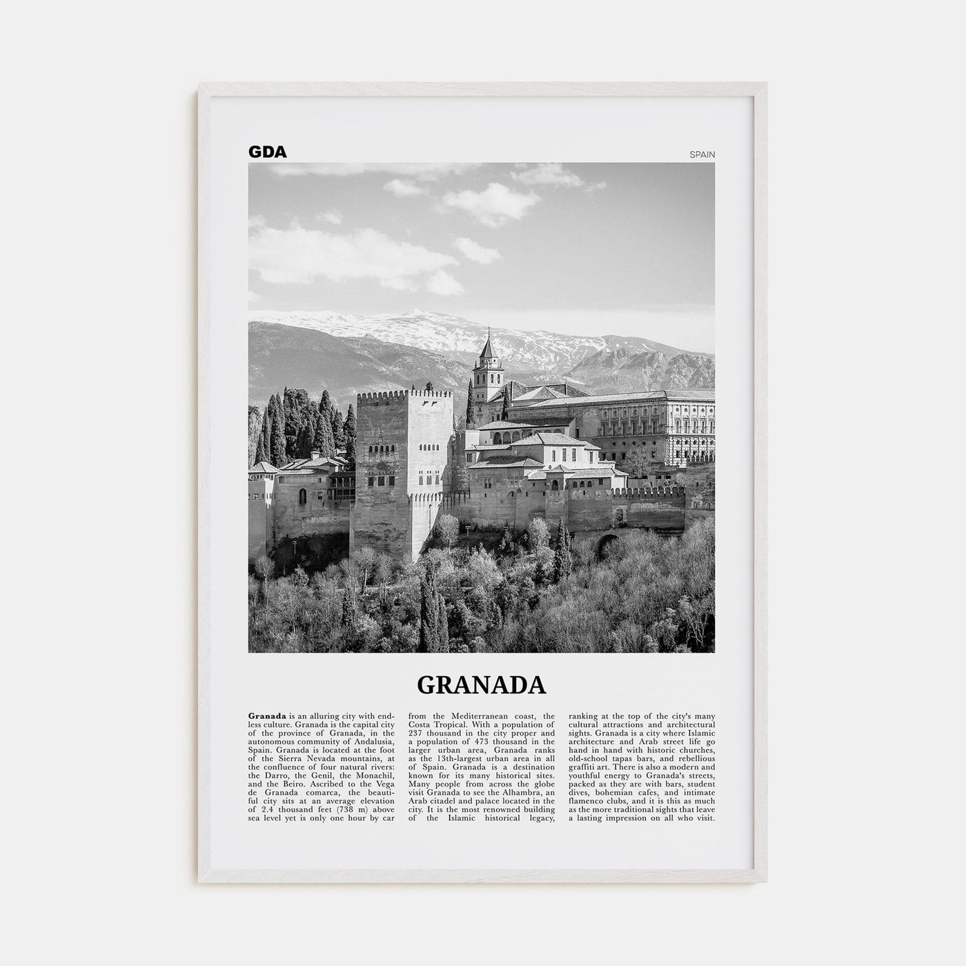 Granada No 2 Poster White Wood / 8x12 in Nbourhood Travel B&W Poster