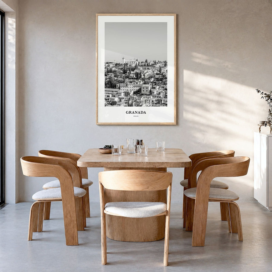 Granada Classic Poster in a natural wood frame, hanging in a dining room