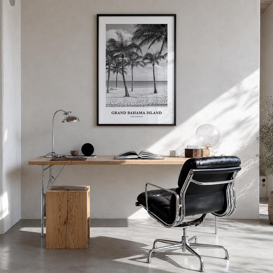 Grand Bahama Island black & white classic poster of The Bahamas – vertical wall art in black wood frame, hanging on wall