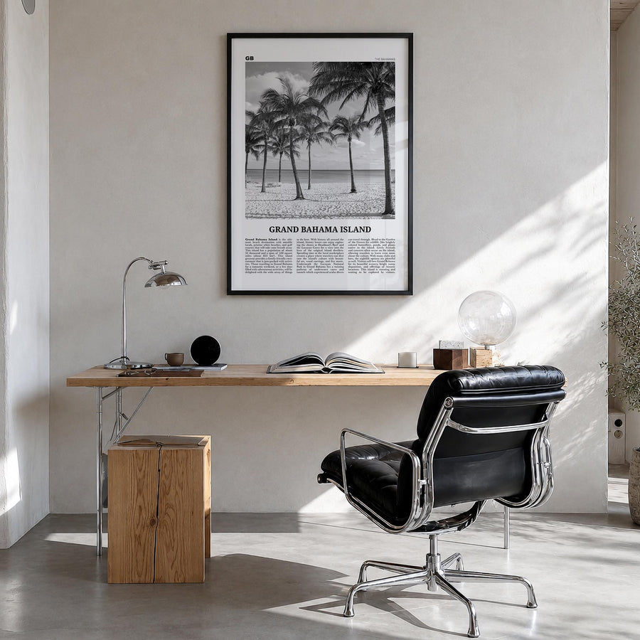 Grand Bahama Island black & white newspaper poster of The Bahamas – vertical wall art in black wood frame, hanging on wall