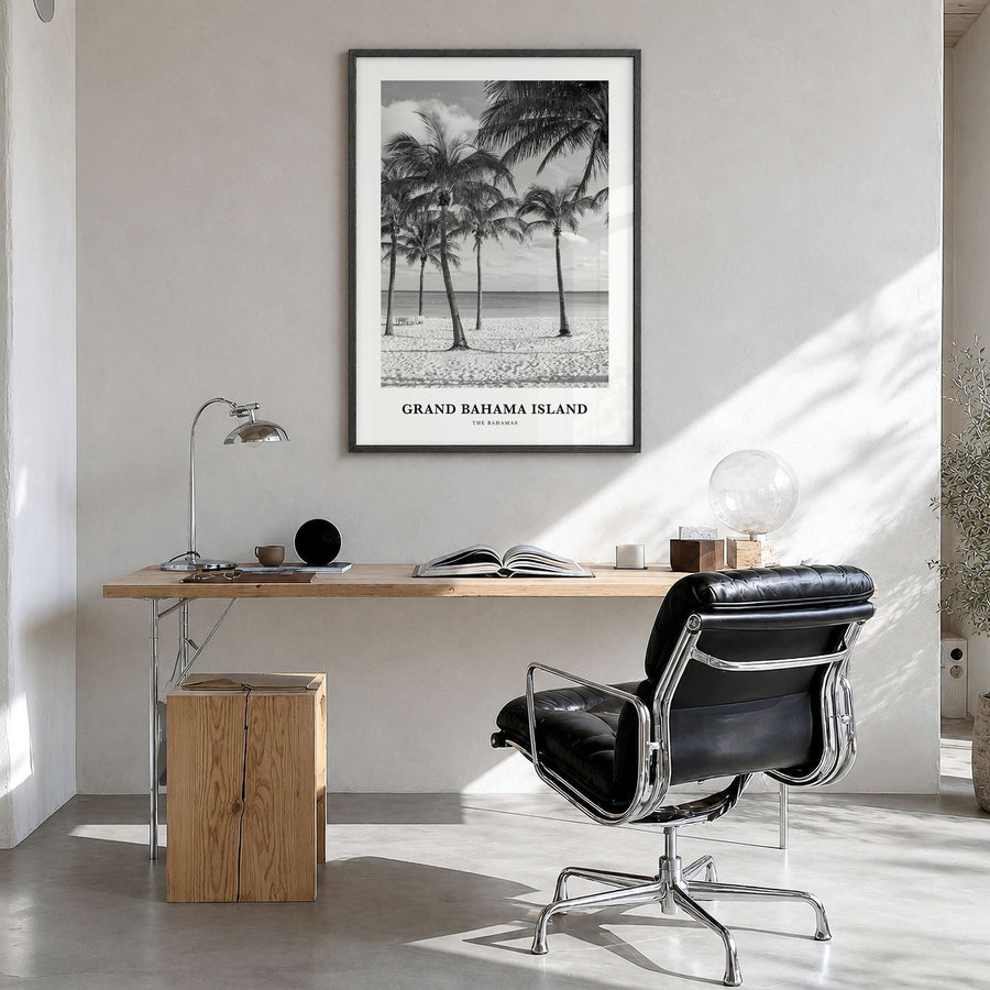 Grand Bahama Island Classic Poster in a black wood frame, hanging in a bright home office