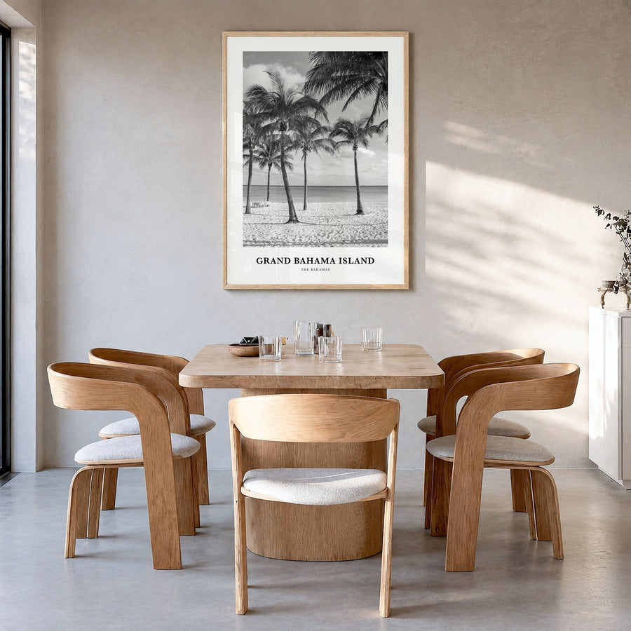 Grand Bahama Island Classic Poster in a natural wood frame, hanging in a dining room