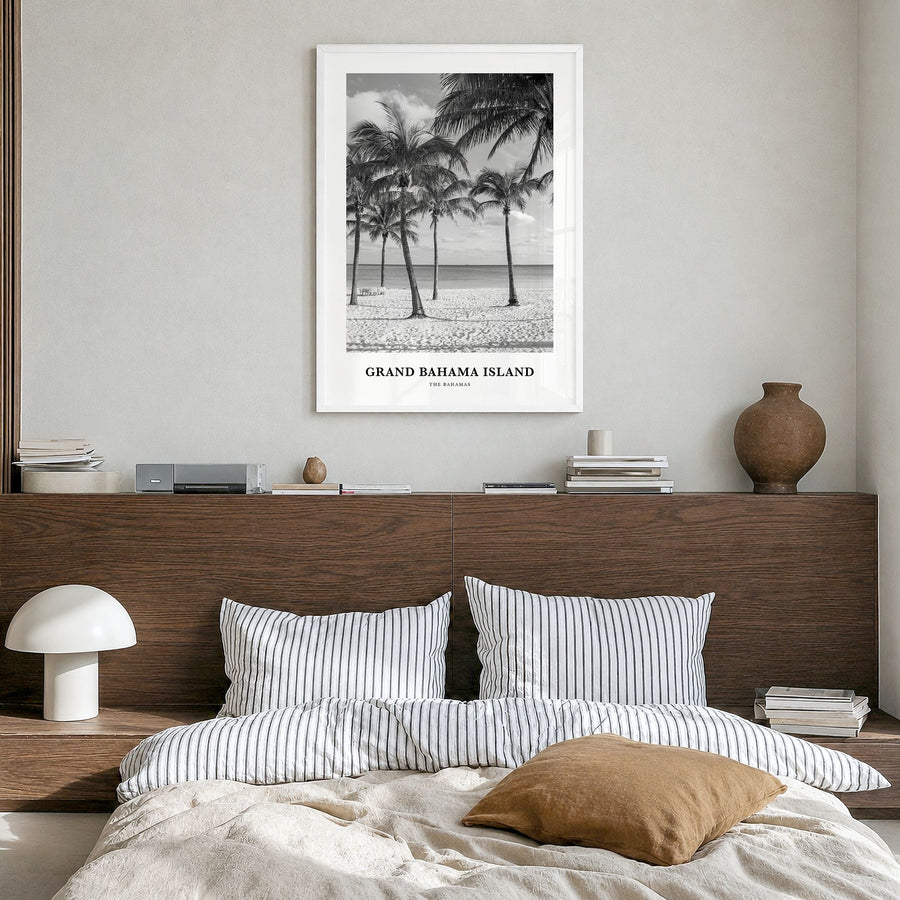 Grand Bahama Island Classic Poster in a white wood frame, hanging in a bedroom