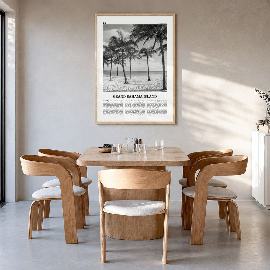 Grand Bahama Island Newspaper Poster in a natural wood frame, hanging in a dining room