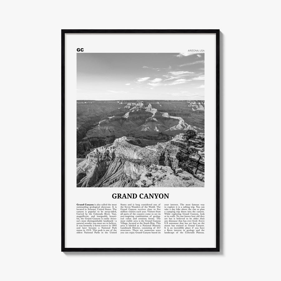 Grand Canyon black & white newspaper poster of Arizona, USA – vertical wall art, unframed print shown in interior mockup