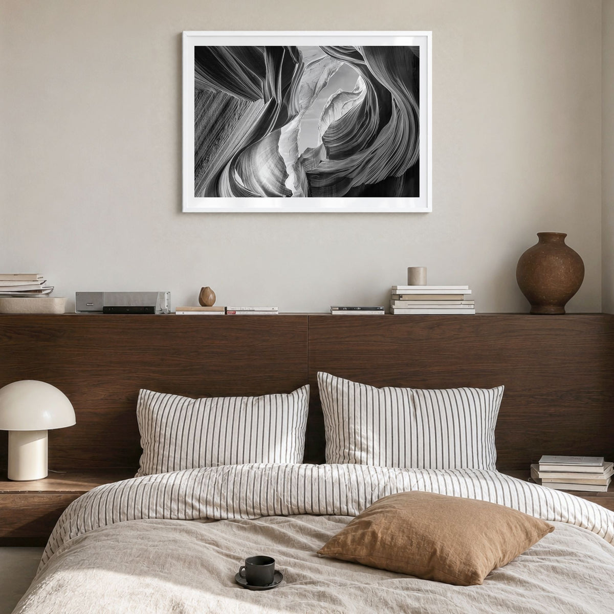 Grand Canyon Photo Poster in a white wood frame, hanging in a bedroom, white border