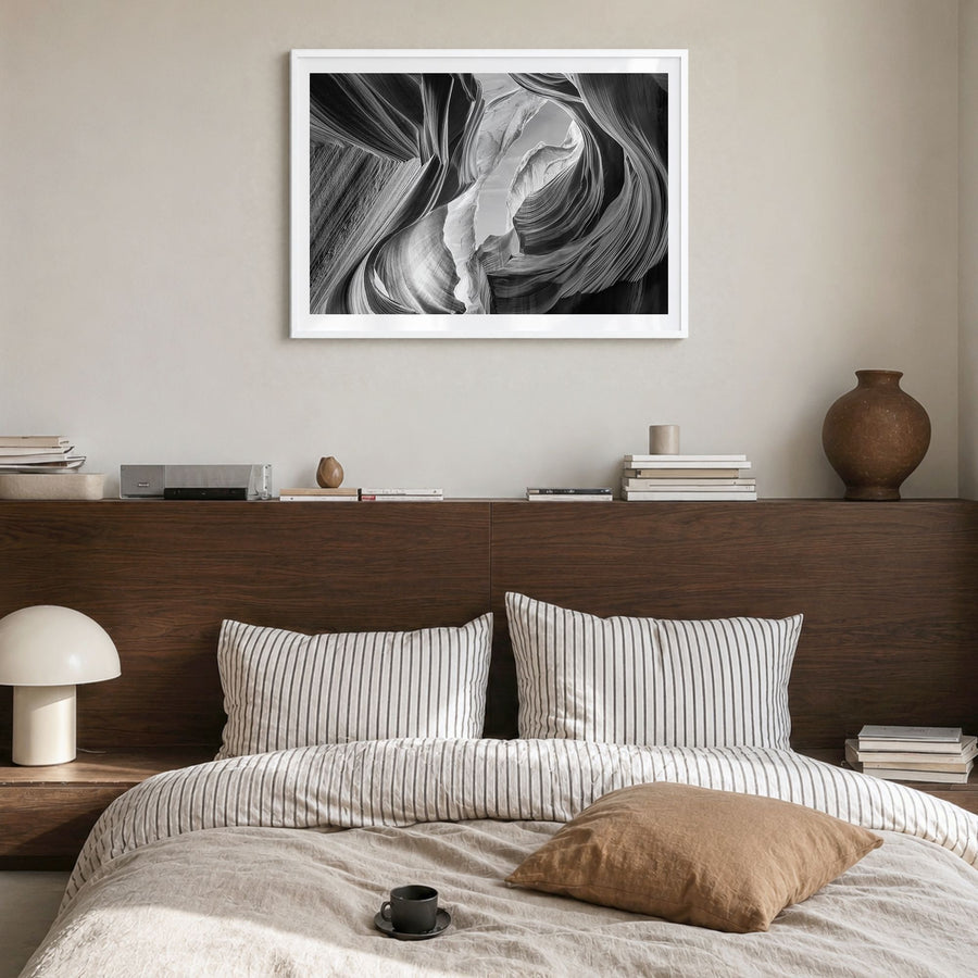 Grand Canyon Photo Poster in a white wood frame, hanging in a bedroom, white border