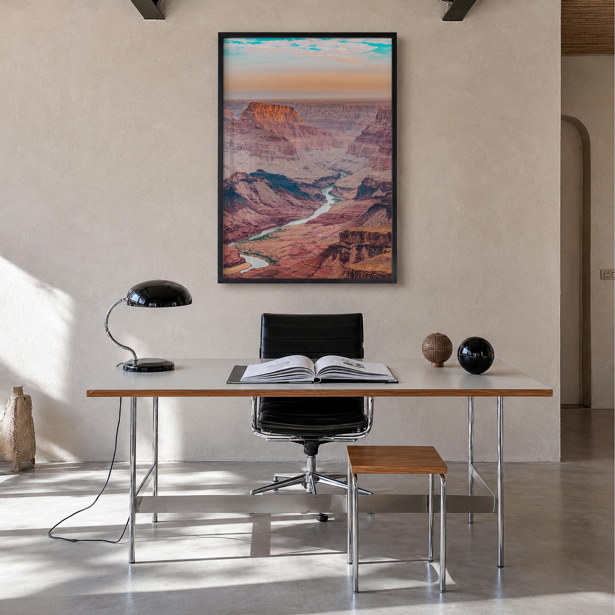 Grand Canyon no. 1 colorful photo poster of Arizona, USA – vertical wall art in black wood frame, hanging on wall