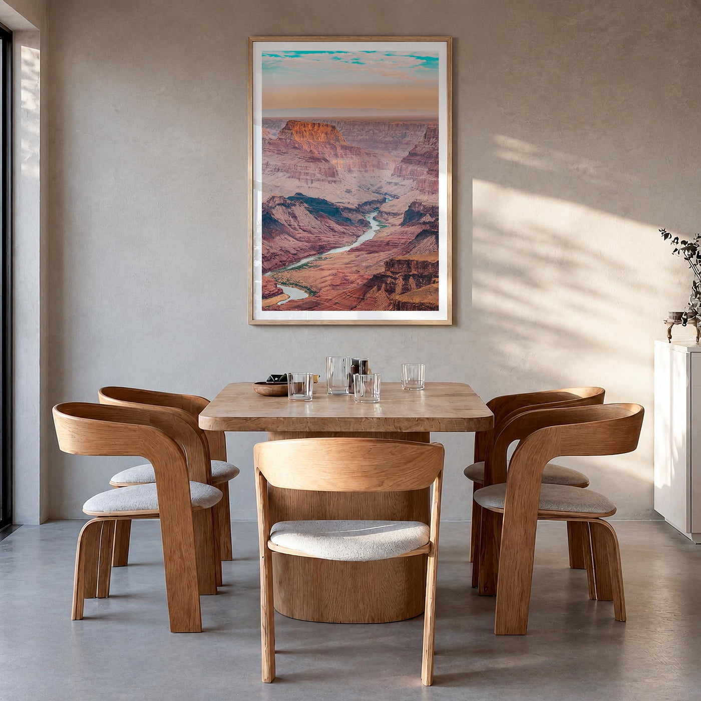 Grand Canyon no. 1 colorful photo poster of Arizona, USA – vertical wall art in natural wood frame with white border, hanging