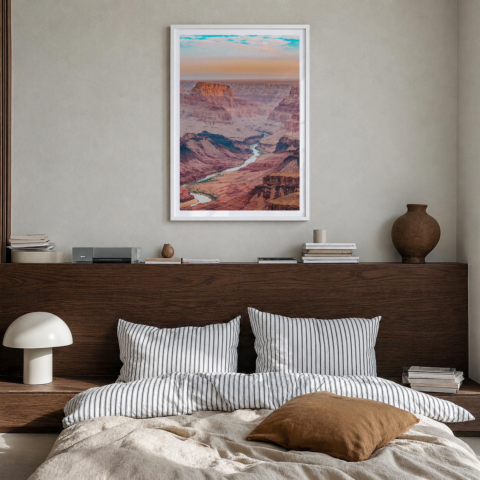 Grand Canyon no. 1 colorful photo poster of Arizona, USA – vertical wall art in white wood frame with white border, hanging o