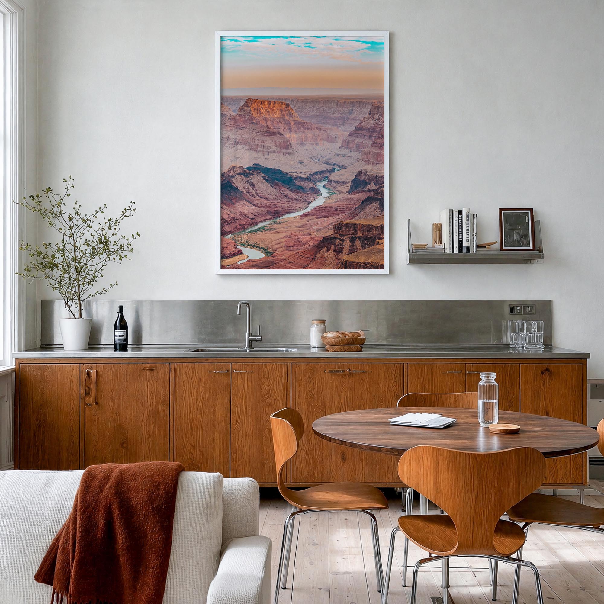 Grand Canyon no. 1 colorful photo poster of Arizona, USA – vertical wall art in white wood frame, hanging on wall