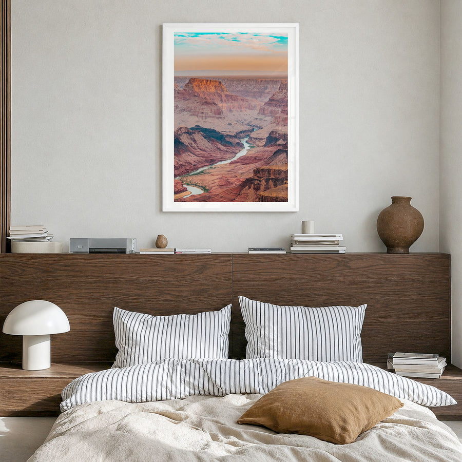 Grand Canyon Photo No 1 Poster in a white wood frame, hanging in a bedroom, white border