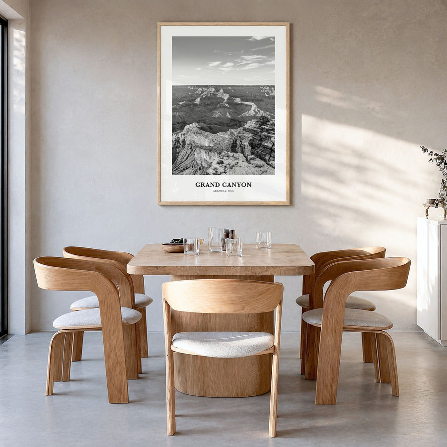 Grand Canyon Classic Poster in a natural wood frame, hanging in a dining room