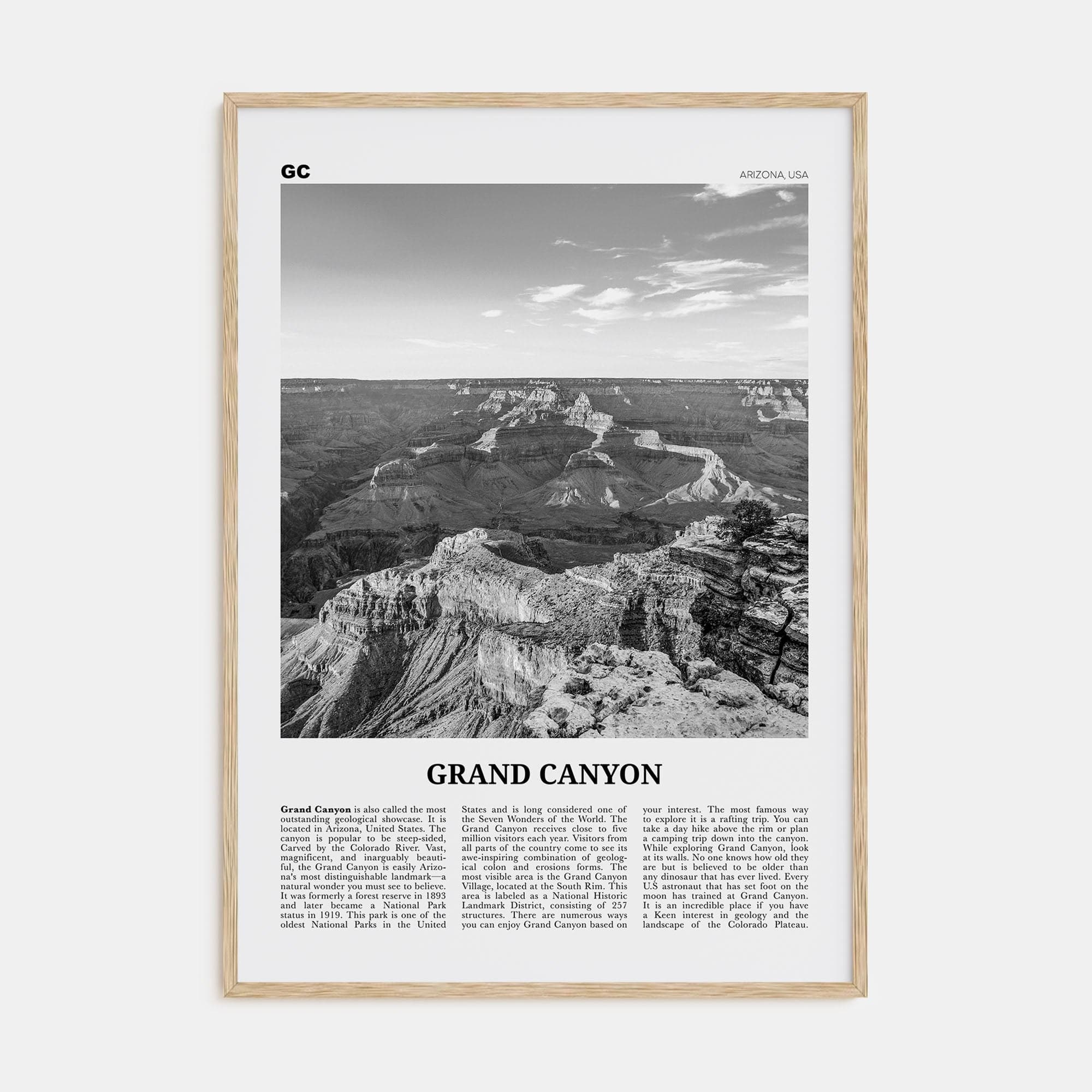 Grand Canyon Poster Natural Wood / 8x12 in Nbourhood Travel B&W Poster