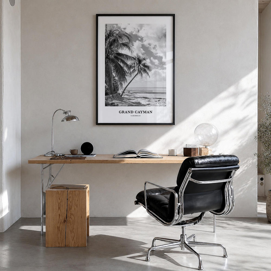 Grand Cayman black & white classic poster of Cayman Islands – vertical wall art in black wood frame, hanging on wall
