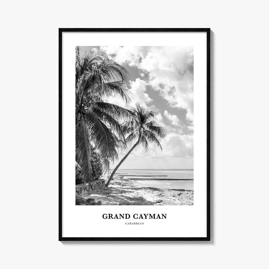 Grand Cayman black & white classic poster of Cayman Islands – vertical wall art, unframed print shown in interior mockup