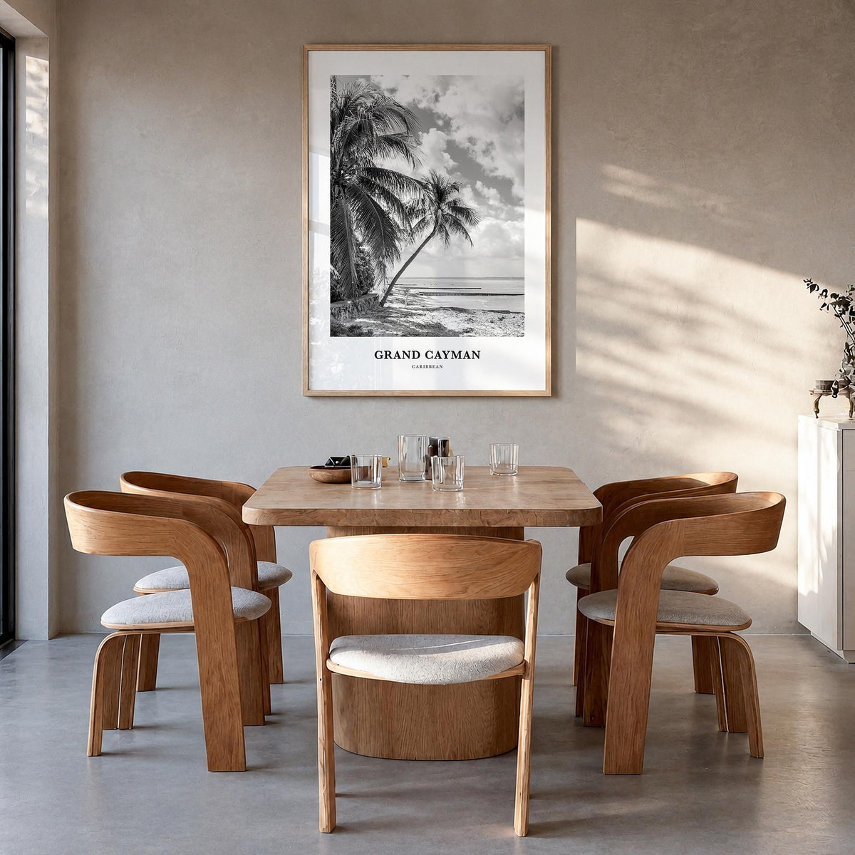 Grand Cayman black & white classic poster of Cayman Islands – vertical wall art in natural wood frame, hanging on wall