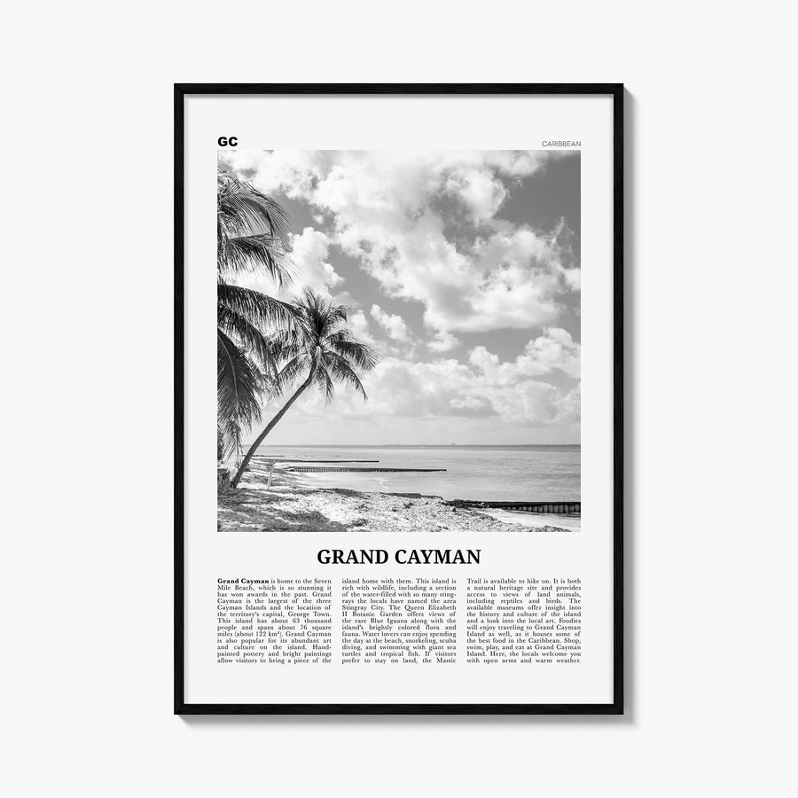 Grand Cayman black & white newspaper poster of Cayman Islands – vertical wall art, unframed print shown in interior mockup