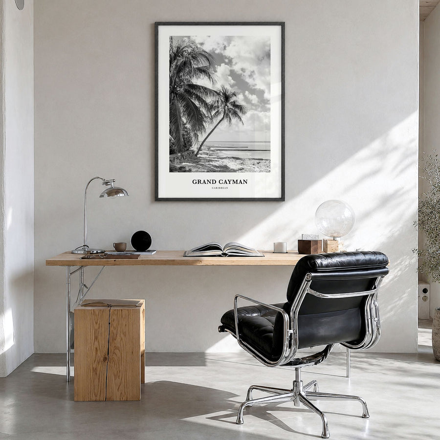 Grand Cayman Classic Poster in a black wood frame, hanging in a bright home office