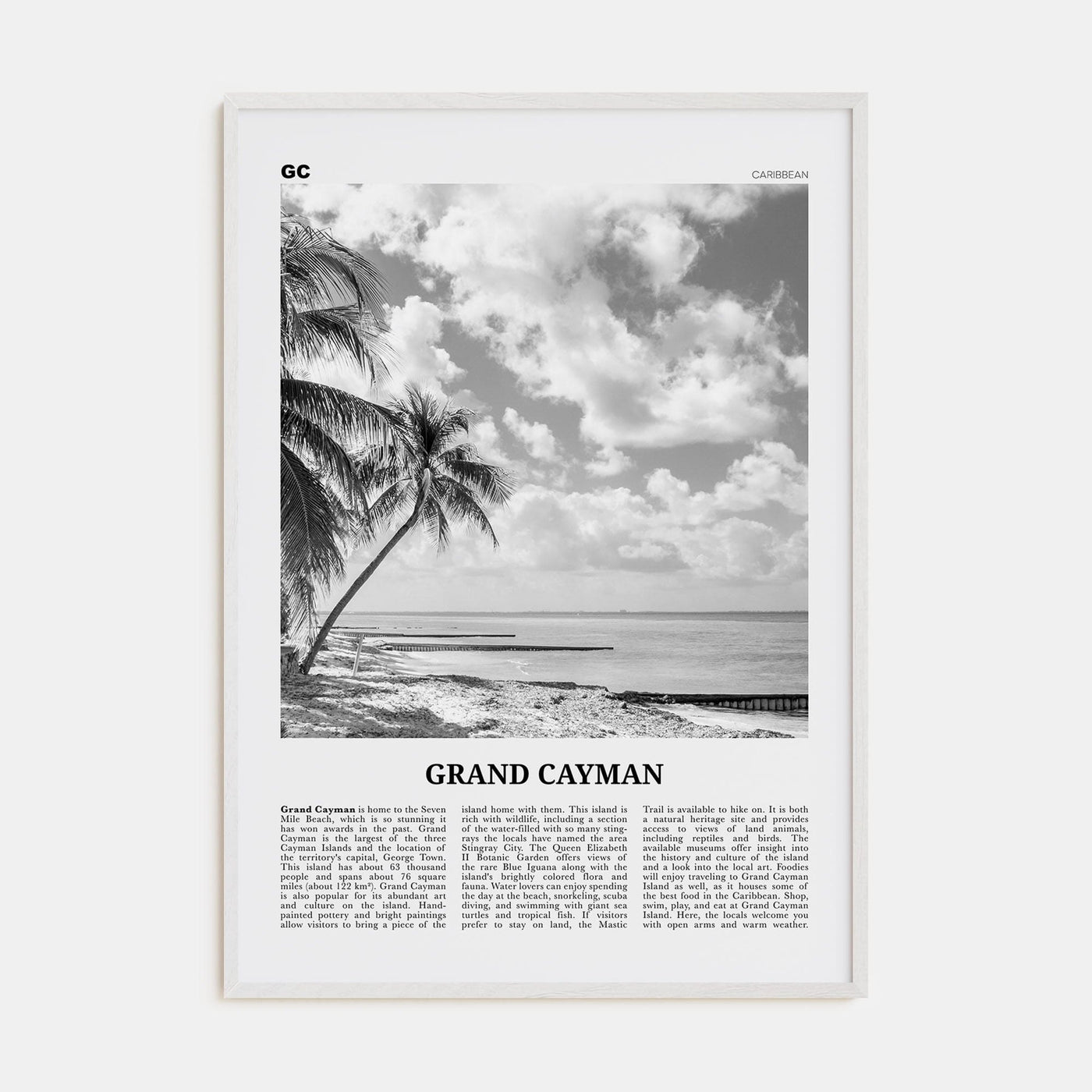 Grand Cayman Poster White Wood / 8x12 in Nbourhood Travel B&W Poster