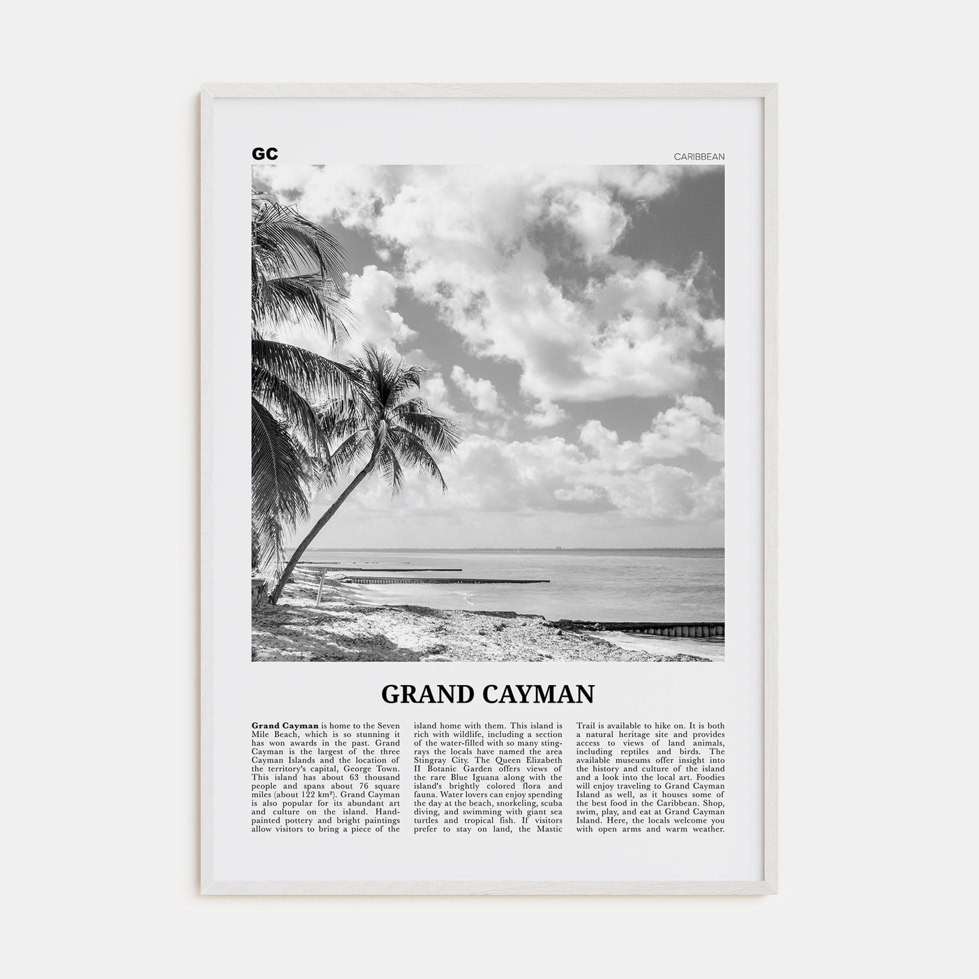 Grand Cayman Poster White Wood / 8x12 in Nbourhood Travel B&W Poster