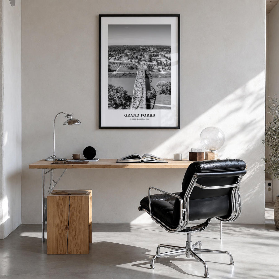 Grand Forks black & white classic poster of North Dakota, USA – vertical wall art in black wood frame, hanging on wall