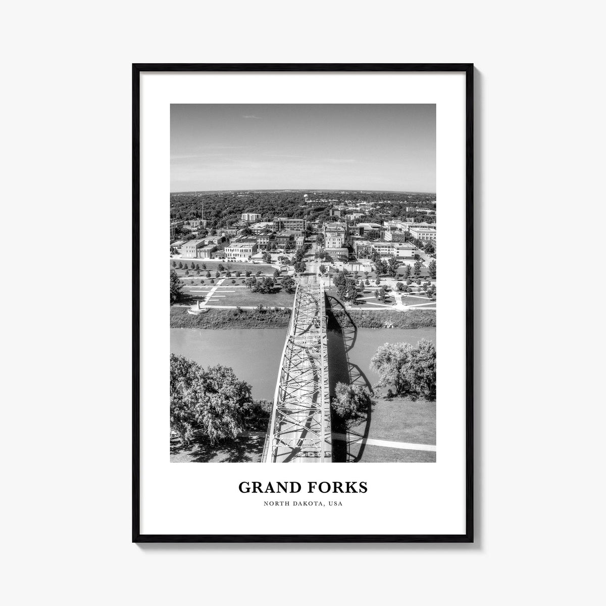 Grand Forks black & white classic poster of North Dakota, USA – vertical wall art, unframed print shown in interior mockup