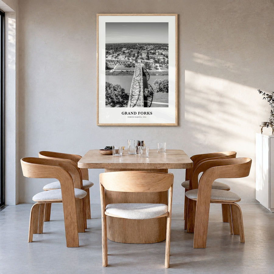 Grand Forks Classic Poster in a natural wood frame, hanging in a dining room