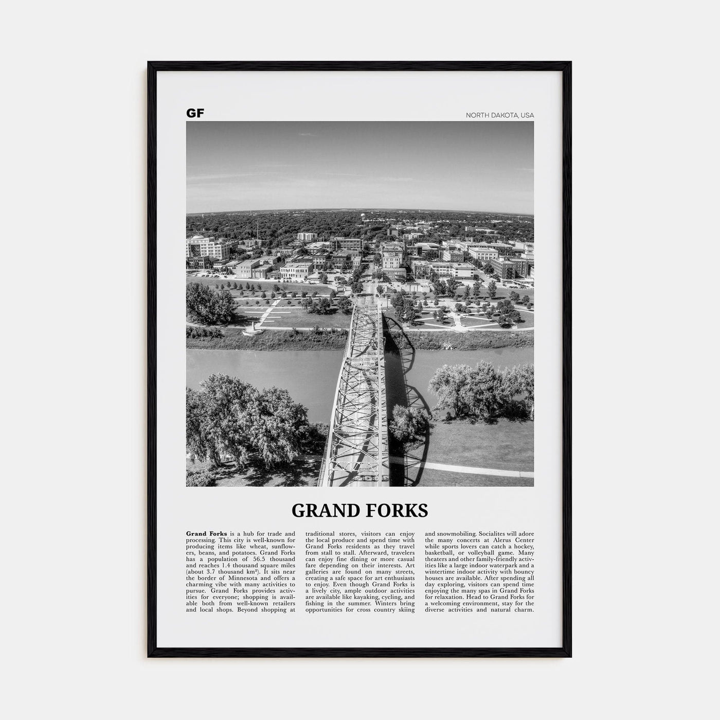 Grand Forks Poster Black Wood / 8x12 in Nbourhood Travel B&W Poster