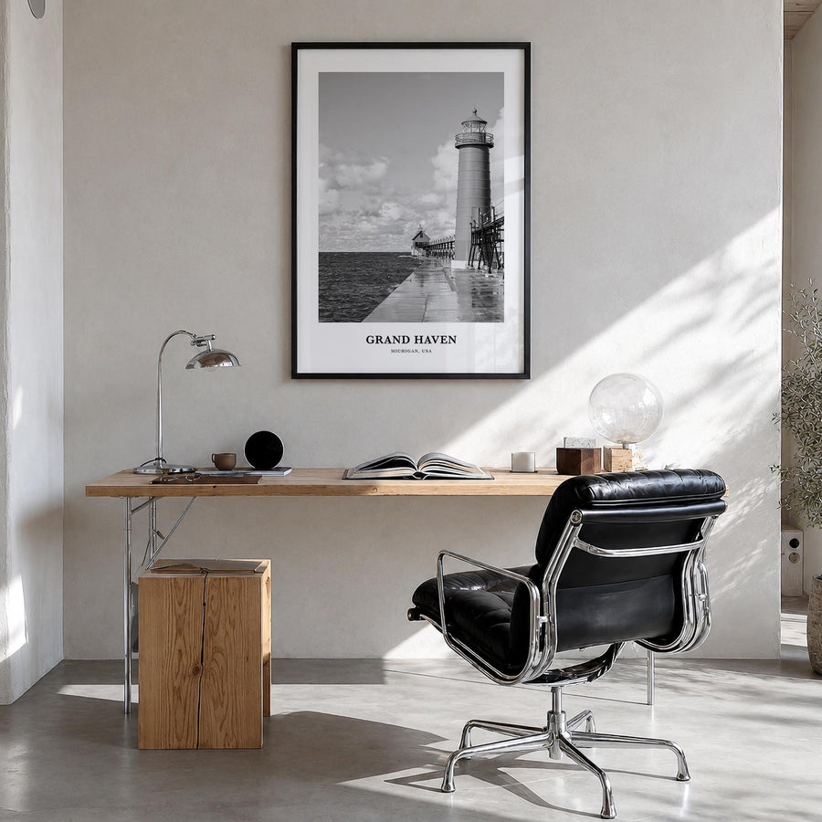 Grand Haven black & white classic poster of Michigan, USA – vertical wall art in black wood frame, hanging on wall