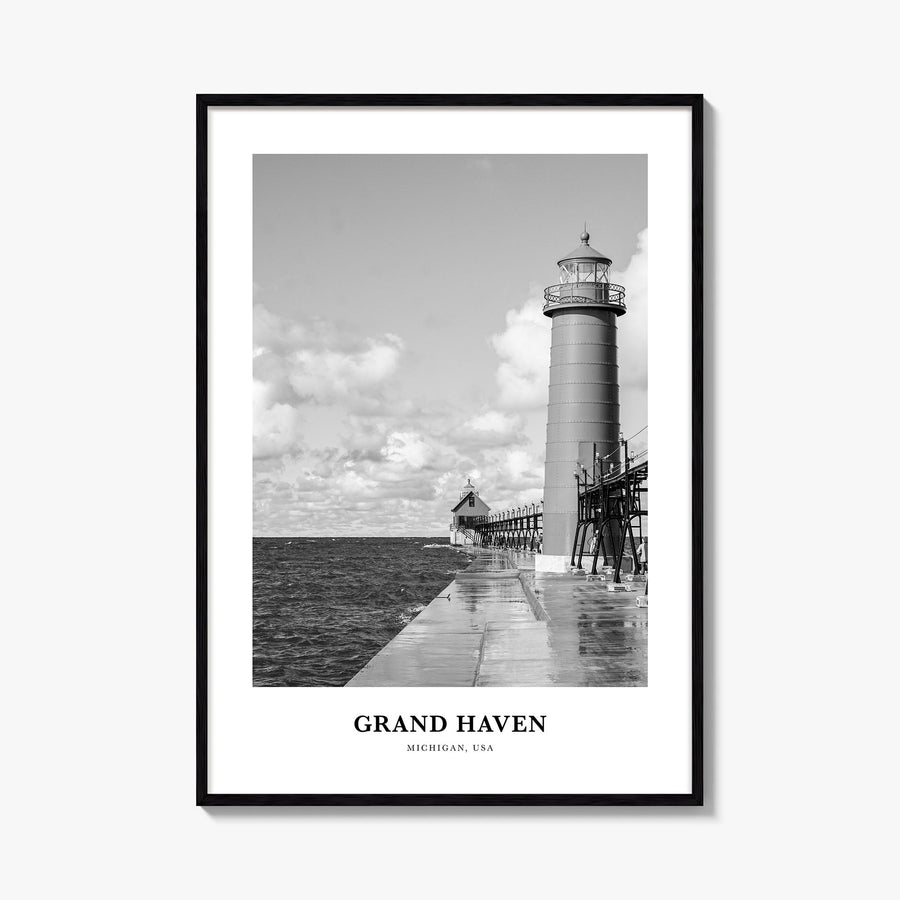 Grand Haven black & white classic poster of Michigan, USA – vertical wall art, unframed print shown in interior mockup