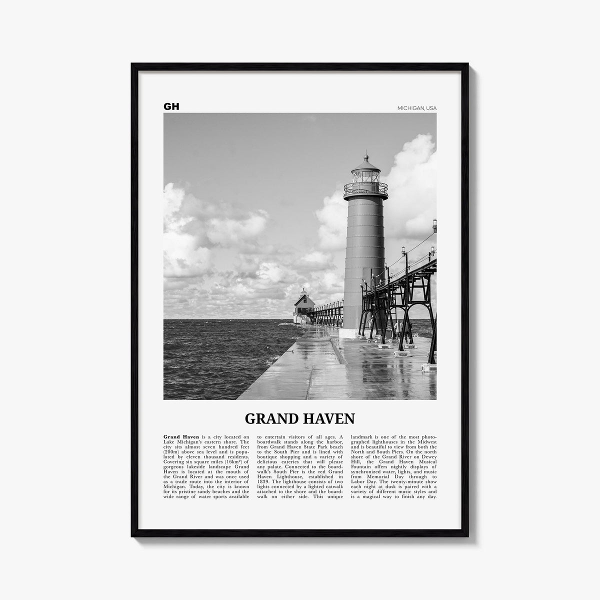Grand Haven black & white newspaper poster of Michigan, USA – vertical wall art, unframed print shown in interior mockup