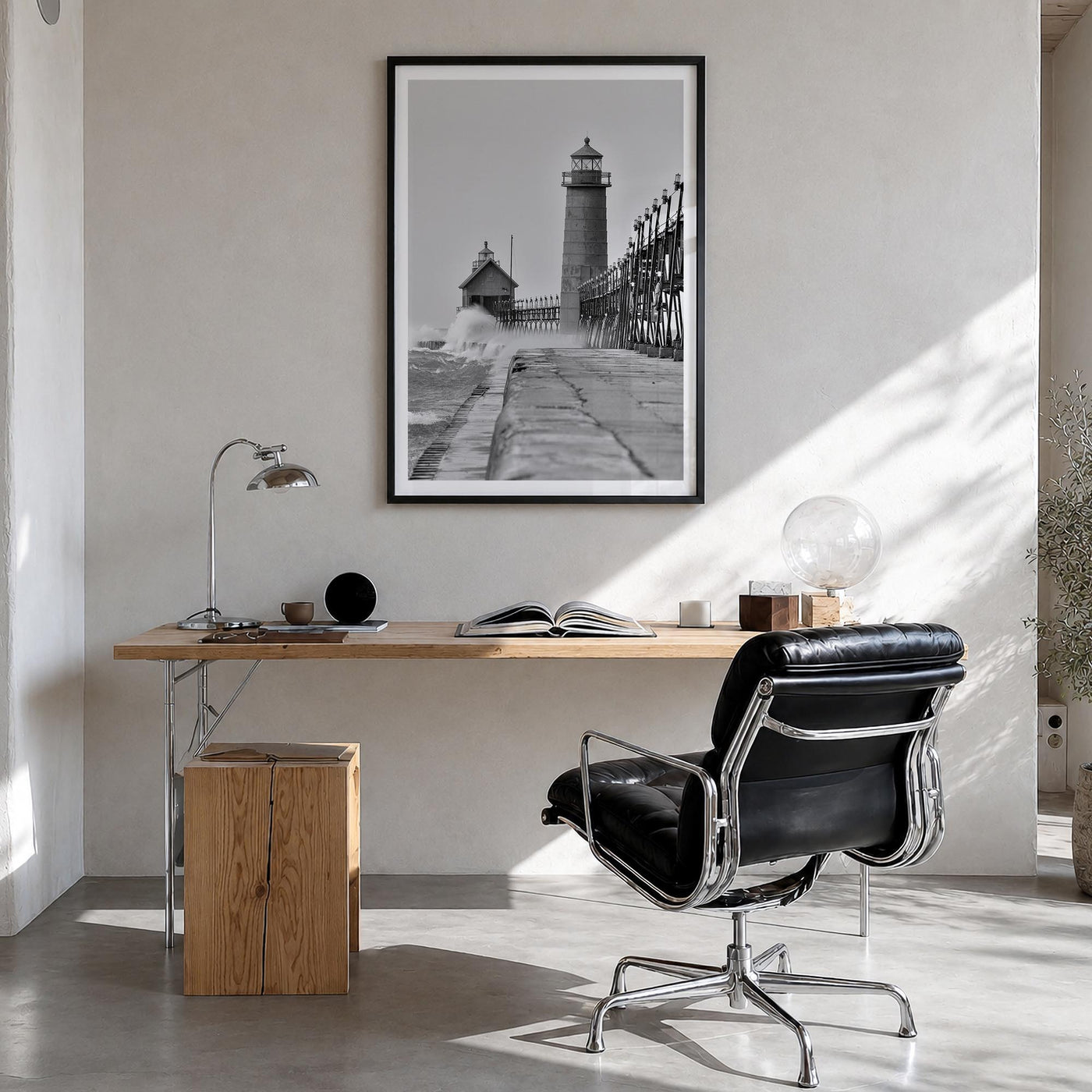 Grand Haven black & white photo poster of Michigan, USA – vertical wall art in black wood frame with white border, hanging on